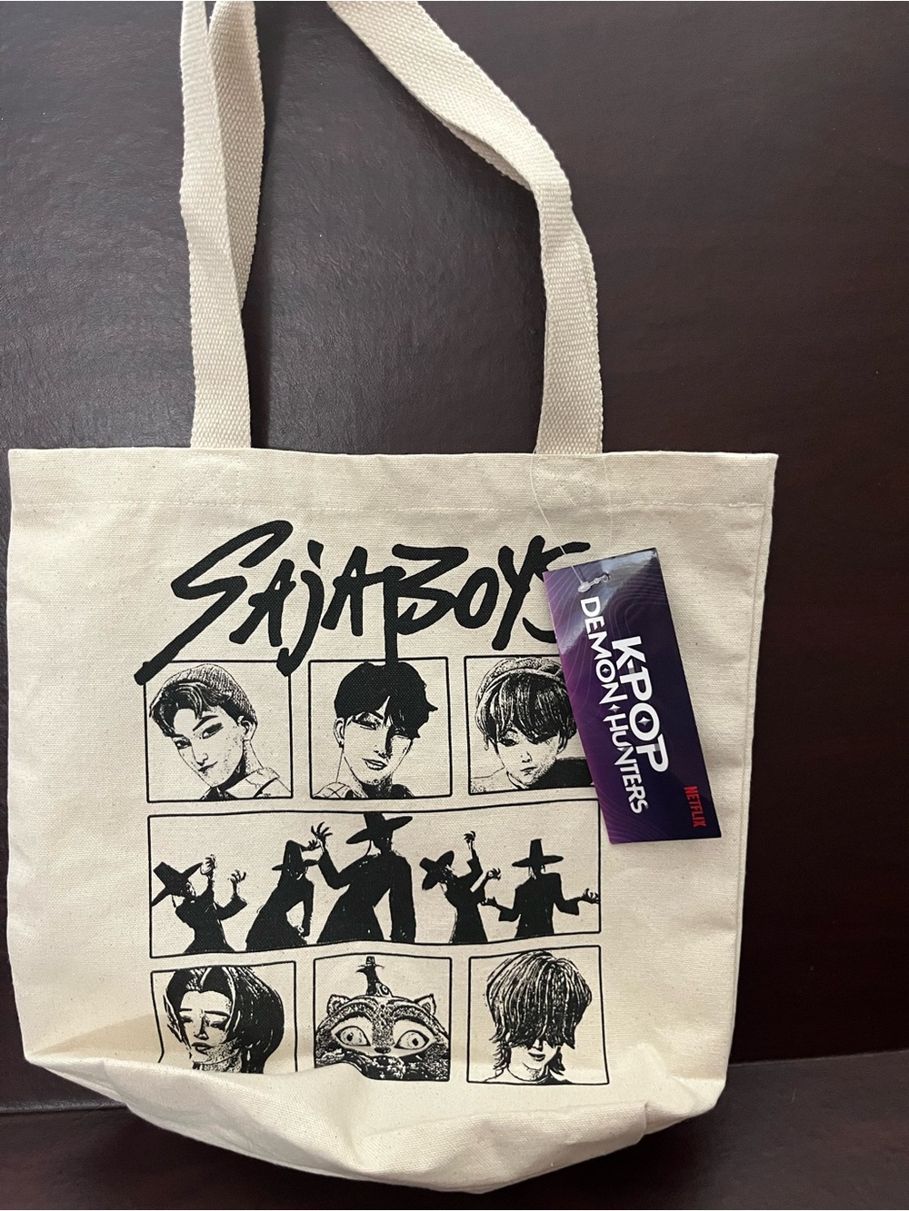 K-pop Demon Hunters Saja Boys Canvas Tote Bag with Black Graphic Print - Natural